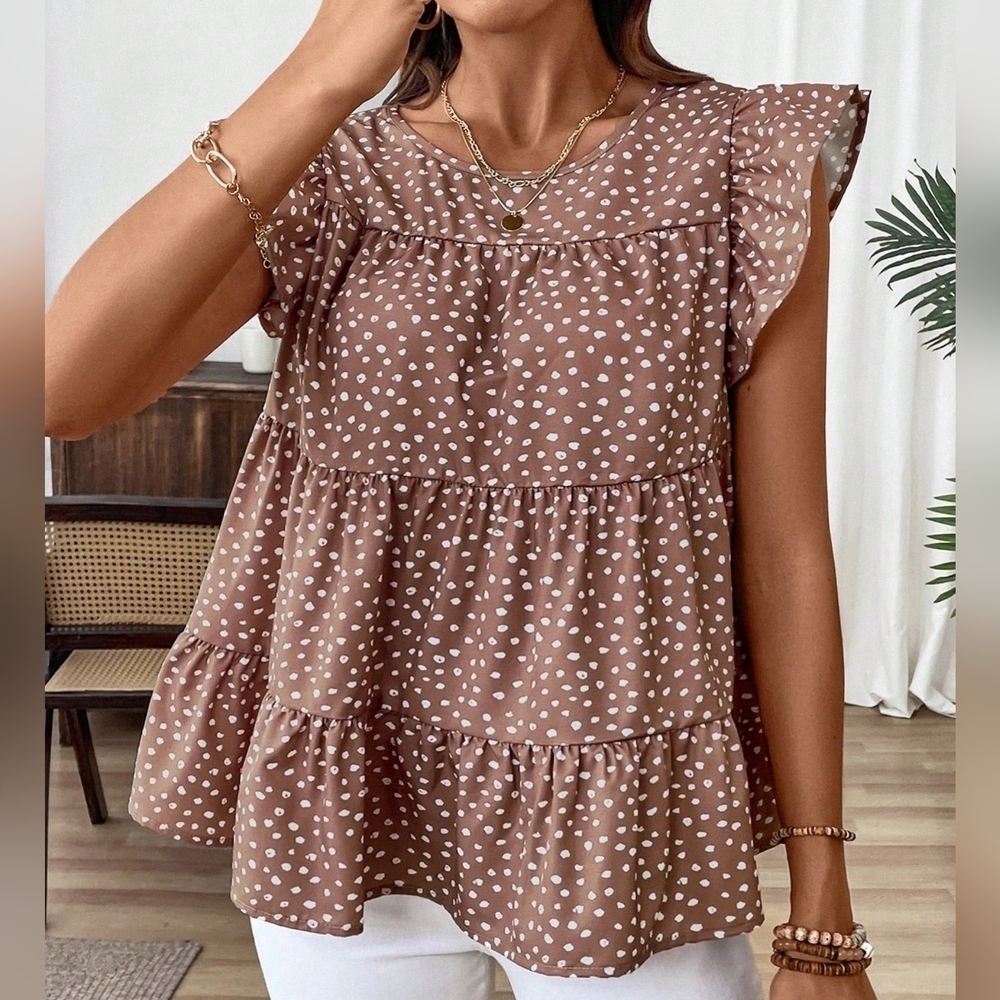 Round Neck Pleated Floral Print Vacation Shirt With Flare Sleeves - Picture 2 of 5
